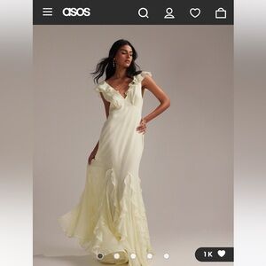 ASOS Soft Yellow V-Neck Flutter Sleeve Maxi Dress